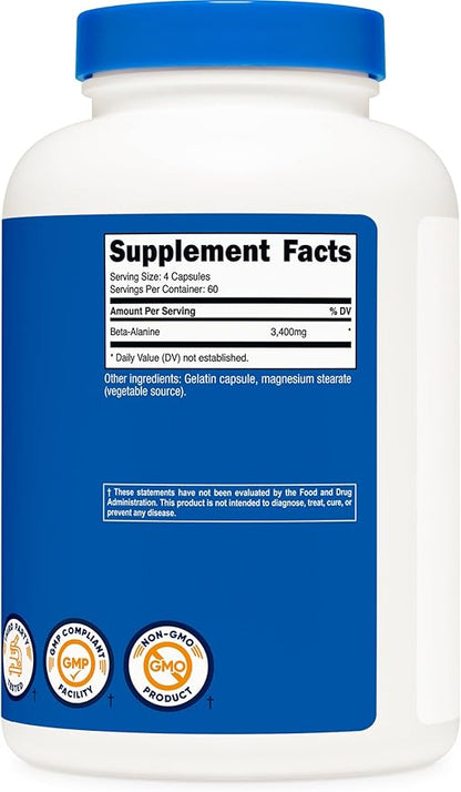 Nutricost Beta-Alanine Capsules 3400mg, 240 Capsules (60 Serv) - Potent Beta Alanine, Gluten Free & Non-GMO, 850mg Per Cap