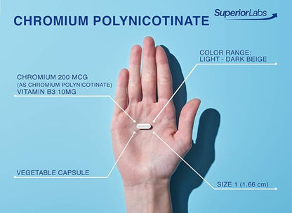 Pure Chromium Polynicotinate Supplement - Made in USA - 200mcg + Vitamin B3 for Optimal Absorption, Veggie Cap, 14 Week Supply