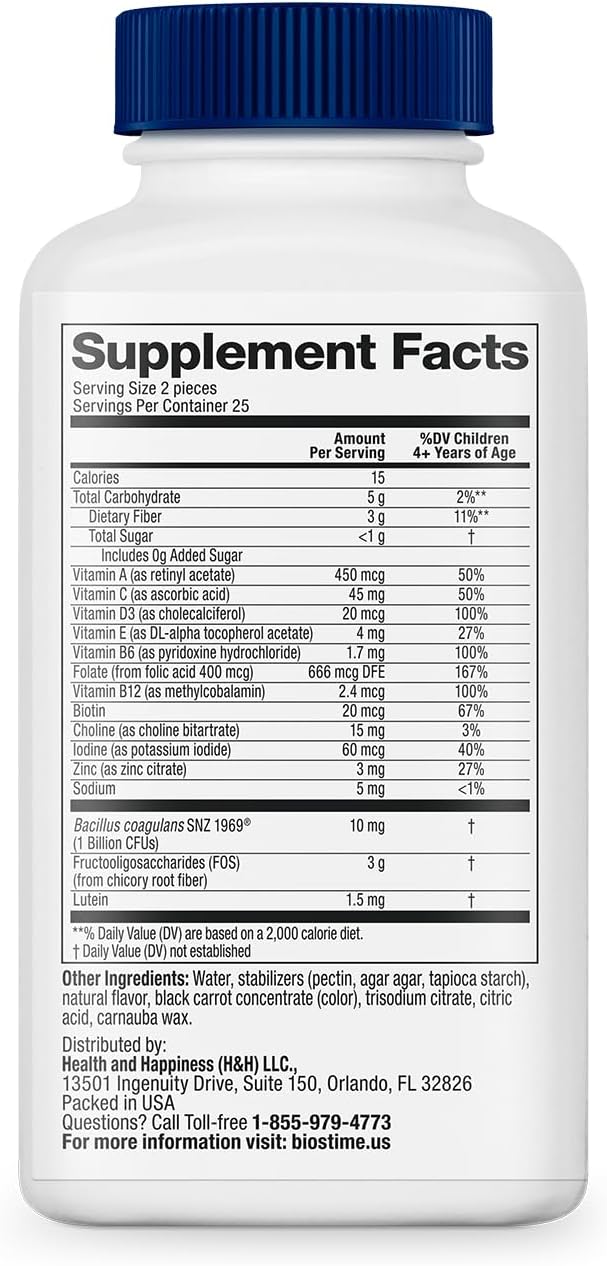 Biostime Kids Multivitamin Gummies with Probiotics & 11 Essential Vitamins (Ages 4+) | Multivitamin for Kids | No Added Sugar Fruity Bites | Free from Top 9 Allergens | 50 Count