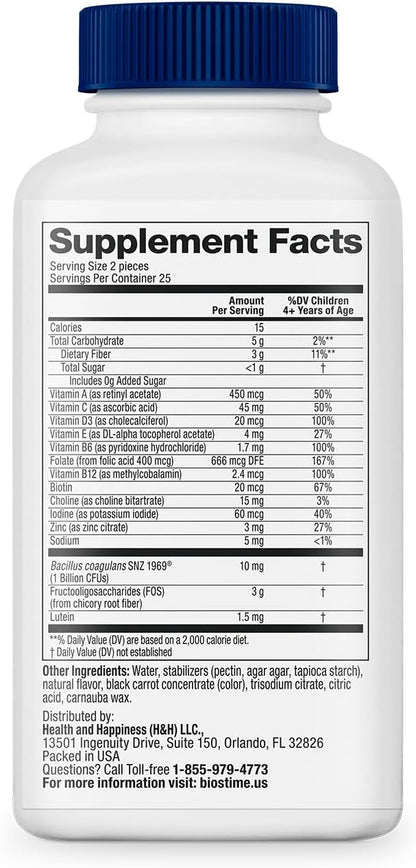 Biostime Kids Multivitamin Gummies with Probiotics & 11 Essential Vitamins (Ages 4+) | Multivitamin for Kids | No Added Sugar Fruity Bites | Free from Top 9 Allergens | 50 Count