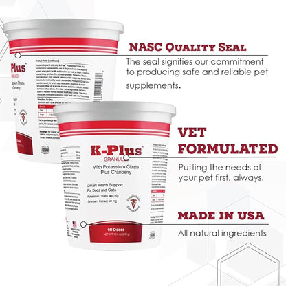 K-Plus Potassium Citrate + Cranberry Granules for Dogs & Cats – Vet-Approved UTI & Bladder Health Support – Helps Maintain Urinary Balance & Kidney Function – Easy-to-Use Granules – 60 Doses