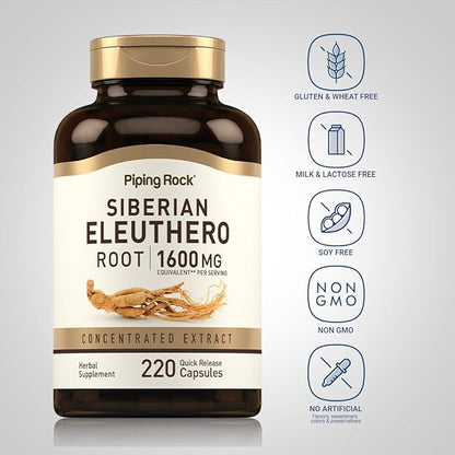 Piping Rock Siberian Eleuthero Root Capsules 1600mg | 220 Count | Concentrated Herbal Extract | Non-GMO, Gluten Free Supplement