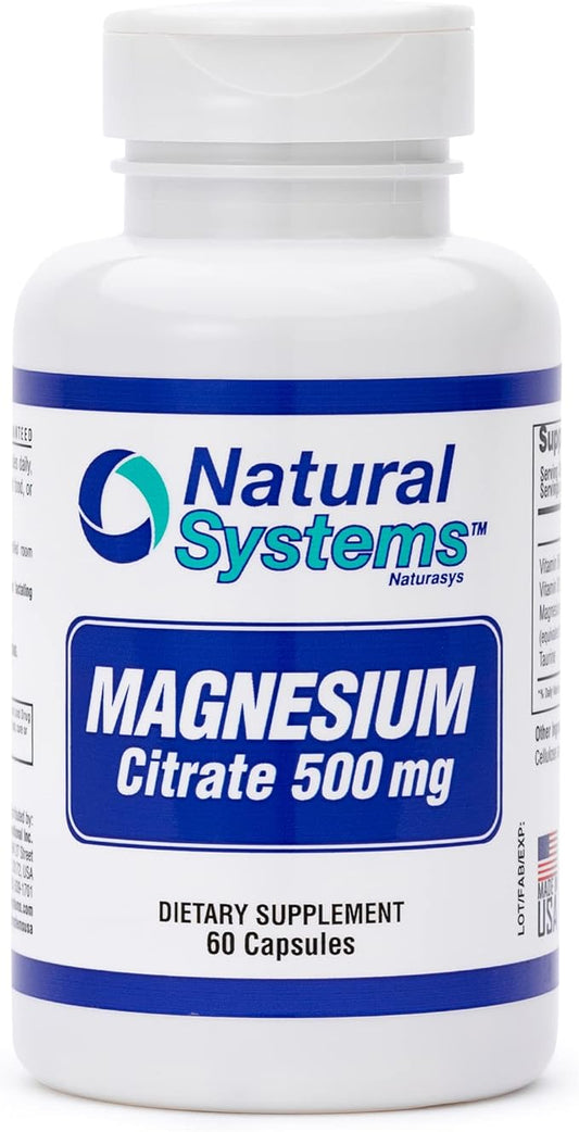 Magnesium Citrate 500mg 60 Capsules by Natural Systems - Magnesium Supplement Powder Muscle Calm - Magnesium Citrate Supplement for Constipation - Magnesium Citrate Powder Capsules for Natural Slim