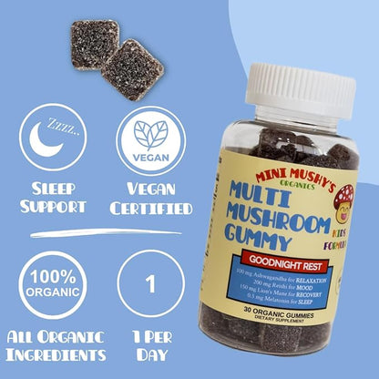 Mini Mushy's Organic Goodnight Rest Gummies | Ashwagandha, Reishi, Lions Mane, Mushrooms, Melatonin | Kids Age 2+ Natural Color, Allergy Friendly, Low Sugar | Berry Flavor - 30 Count