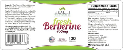 Health As It Ought To Be Fresh Berberine 450mg Supplement | Contains Only Berberine | No Preservatives | 120 Capsules