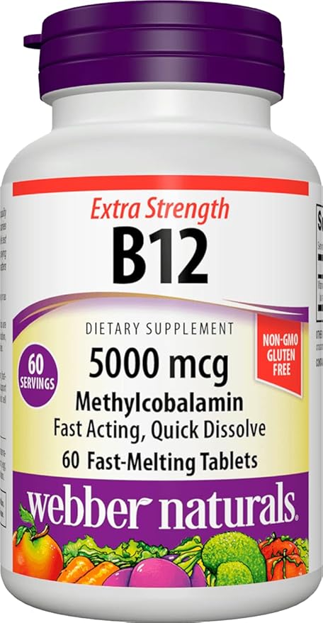 Webber Naturals Vitamin B12 5000 mcg, 60 Count, Fast Dissolve Tablets, Vitamin Supplement Support for Energy Metabolism, Immune and Heart Health, Vegetarian Formula, 60 Day Supply