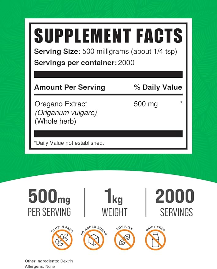 BulkSupplements.com Oregano Extract Powder - Oregano Supplement, Herbal Extract Supplement, from Oregano Herb - Gluten Free, 500mg per Serving, 1kg (2.2 lbs) (Pack of 1)