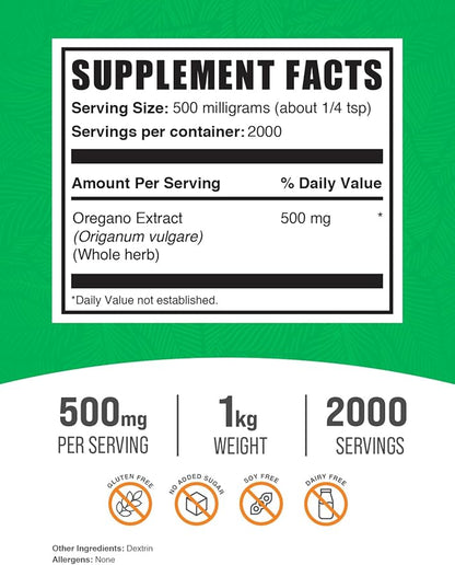 BulkSupplements.com Oregano Extract Powder - Oregano Supplement, Herbal Extract Supplement, from Oregano Herb - Gluten Free, 500mg per Serving, 1kg (2.2 lbs) (Pack of 1)