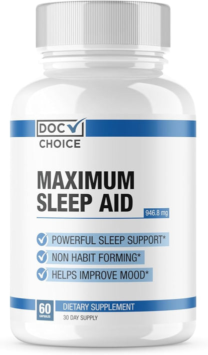 Maximum Sleep Aid | Highly Dosed Non-Habit Forming Sleep Aid for Adults | Mood, Sleep, Restfulness Support | 18 Research Backed Ingredients | Melatonin, Magnesium, GABA, Ashwagandha & More - 60 Caps