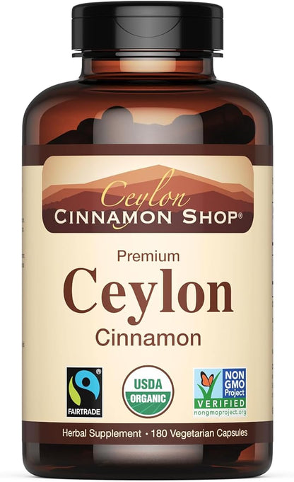Organic Ceylon Cinnamon (100% Certified) Supplement, 180 Capsules, 3 Month Supply