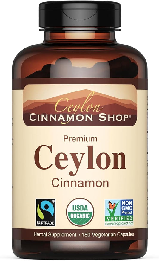 Organic Ceylon Cinnamon (100% Certified) Supplement, 180 Capsules, 3 Month Supply