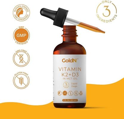 GoldN™ Vitamin K2+D3 Liquid Drops | 10,000 IU D3 & 200 mcg K2 | Bone, Heart & Immune Support | Non-GMO, Additive-Free, MCT & Organic Olive Oil | 60 Servings | High-Potency Liquid Formula