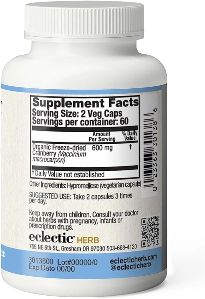 Eclectic Herb - Premium Freeze Dried Cranberry Capsules | Urinary Tract Support | Cranberry Supplement for Urinary Tract Health | Organic, Non-GMO, Vegan (120 CT | 300 mg)