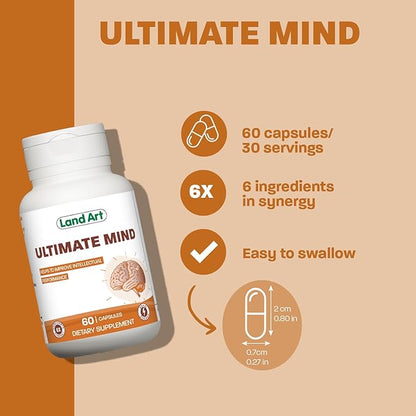 Ultimate Mind – Brain Supplement – 6 Actives – Memory, Focus, Cognitive Functions, Mental Sharpness, and Brain Energy – Brain Boost- 60 Capsules