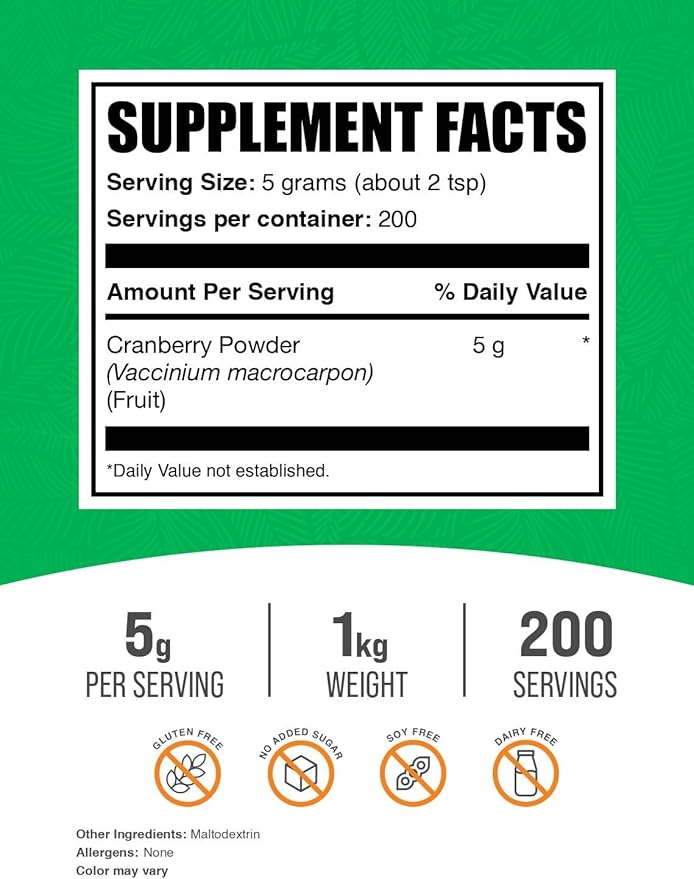 BulkSupplements.com Cranberry Powder - Cranberry Supplements for Women & Men, Dried Cranberries Unsweetened - Gluten Free & Sugar Free, 5g per Serving, 1kg (2.2 lbs) (Pack of 1)