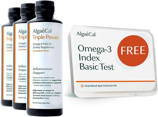 ALGAECAL Free Omega-3 Home Test Kit: Easy at-Home Testing with Lab-Verified Results Triple Power: 1200mg EPA & DHA Omega-3s Fish Oil Supplement, Mango Flavor, Burp-Less, Sugar-Free