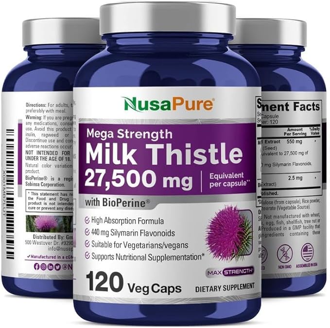 NusaPure Milk Thistle Extract 27,500mg 120 Veggie Capsules (50:1 Extract, Non-GMO, Vegan) Max Strength - Standardized 80% Silymarin, Bioperine