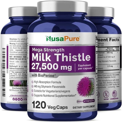 NusaPure Milk Thistle Extract 27,500mg 120 Veggie Capsules (50:1 Extract, Non-GMO, Vegan) Max Strength - Standardized 80% Silymarin, Bioperine