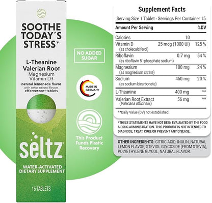 Seltz® Water-Activated Vitamins - Soothe Today´s Stress with L-Theanine, Magnesium, and Vitamin D3 – Natural Lemonade Flavor Dietary Supplement - 6 Packs x 15 Effervescent Tablets Each