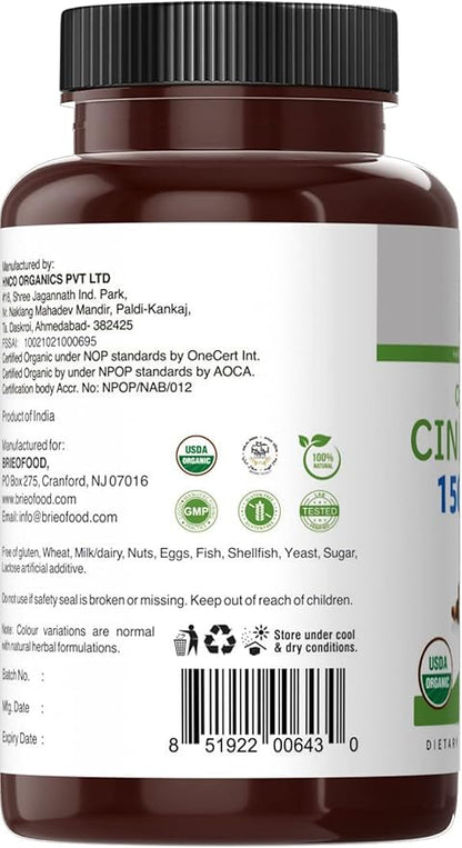 Brieofood Organic Cinnamon 1500mg, 45 Servings, Vegetarian, Gluten Free, 90 Vegetarian Tablets