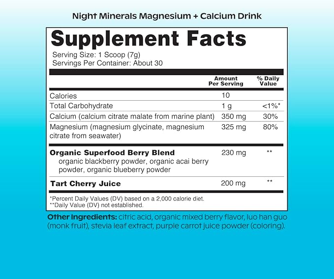 wholier Magnesium Glycinate, Tart Cherry Juice, Chelated Calcium. Calming Nighttime Drink. Natural Support for Sleep, Stress + Relaxation. Night Minerals. (30 Servings)