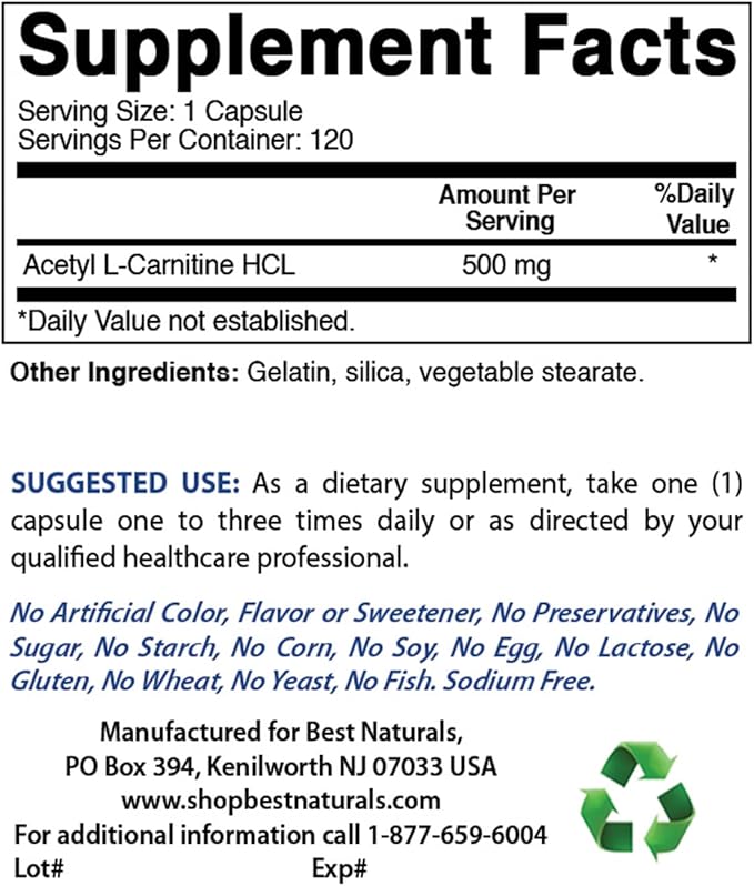 Best Naturals Acetyl L-Carnitine 500 Mg 120 Capsules (120 Count (Pack of 3))