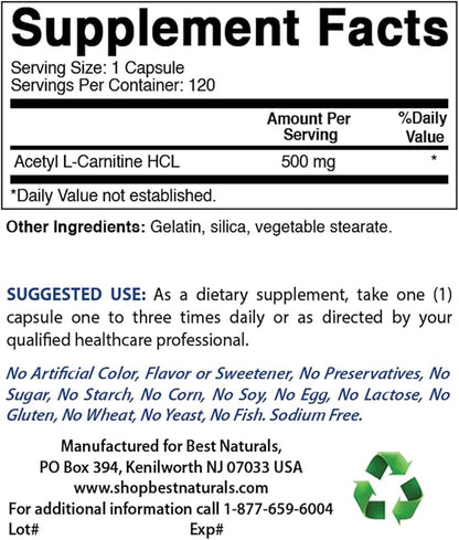 Best Naturals Acetyl L-Carnitine 500 Mg 120 Capsules (120 Count (Pack of 3))
