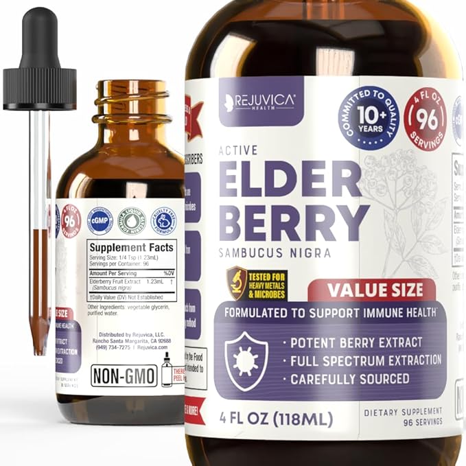 Rejuvica Health Active Elderberry - Advanced Elderberry Extract - Liquid Delivery for Better Absorption - Vegan Sugar Free Non GMO 4oz Value Size