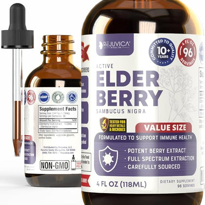 Rejuvica Health Active Elderberry - Advanced Elderberry Extract - Liquid Delivery for Better Absorption - Vegan Sugar Free Non GMO 4oz Value Size
