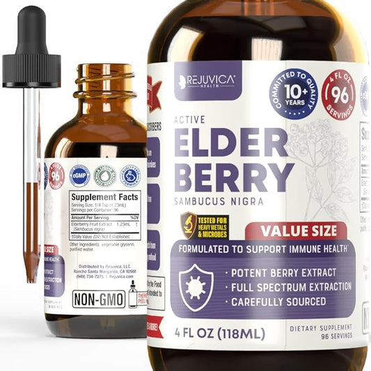 Rejuvica Health Active Elderberry - Advanced Elderberry Extract - Liquid Delivery for Better Absorption - Vegan Sugar Free Non GMO 4oz Value Size