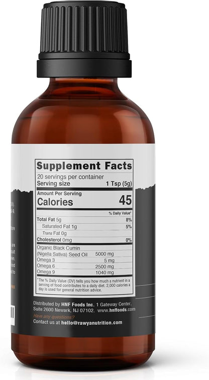 RAWYA Black Seed Oil - Cold Pressed - Black Cumin Seed - Premium Nigella Sativa - Omega 3 6 9 - Kalonji for Skin and Healthy Hair - Non-GMO, Gluten-Free - Wellness Oil - Mild Flavor - 3.4 Fl Oz