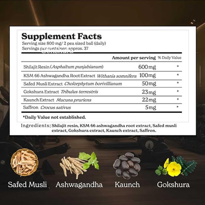 Pure Himalayan Shilajit Gold+ (Pack of 2) 60 gm| Enhances Recovery & Boosts Strength| 16,000 ft Sourced Blend with Ashwagandha, Safed Musli, Gokshura| Vegan & Lab Tested -600mg