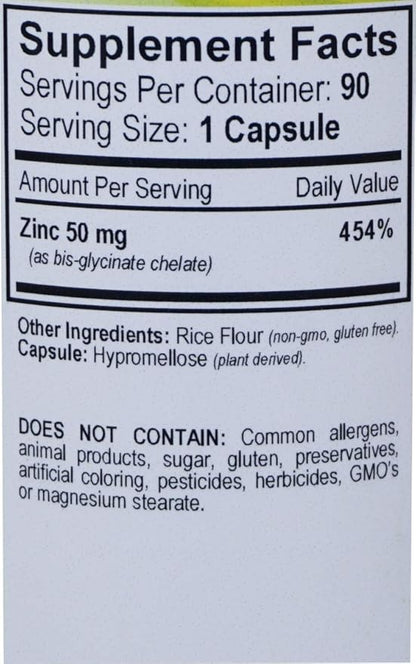 VHR ZINC Bisglycinate Chelate 50mg - Immune Support - High Absorption - No Preservatives. 90 Vegan Capsules