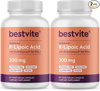 BESTVITE R-Lipoic Acid 200mg Stabilized with Bio-Enhanced Na-RLA (120 Vegetarian Capsules)(60x2) - No Stearates - No Fillers - Vegan - Gluten Free - Non GMO