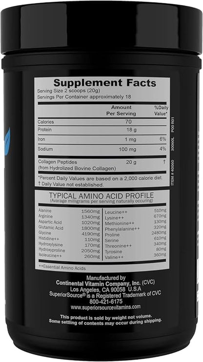 Superior Source Collagen Peptides Hydrolyzed Collagen - from Grass-Fed Cows - Supports Healthy Hair, Skin, Nails, Ligaments & Tendons - Gluten-Free & Dairy-Free - Unflavored, 12.7 oz