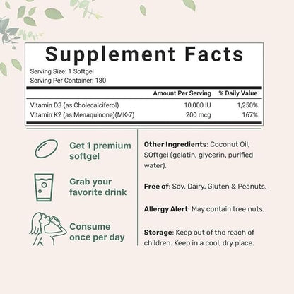 2-in-1 Vitamin D3 K2 Supplement Softgel, 10000 IU VIT D3 + 200 MCG Vitamin K2 (180 Pcs)