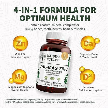 Natural Nutra 500 Count, Calcium Magnesium Zinc Supplement with Vitamin D3 for Bone Strength, Helps Improve Digestion, Health Gluten Free and Sugar-Free, Essential Mineral Complex