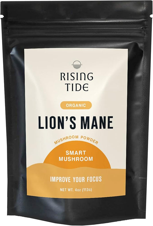 Rising Tide Organic Lions Mane Mushroom Powder - Highly Concentrated and Packed with Nourishing Compounds to Boost Focus, Creativity, and Memory - 4 OZ Vegan, Non-GMO Lions Mane Extract Powder