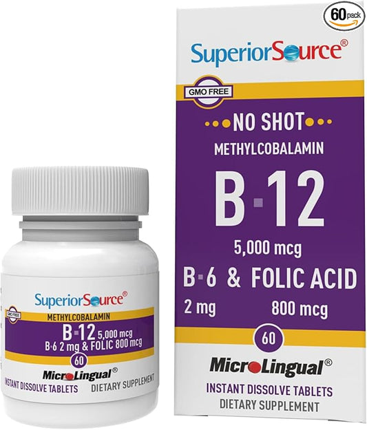 Superior Source No Shot Vitamin B12 Methylcobalamin (5000 mcg), B6, Folic Acid, Quick Dissolve Sublingual Tablets, 60 Ct, Increase Energy, Healthy Heart, Boost Metabolism, Stress Support, Non-GMO