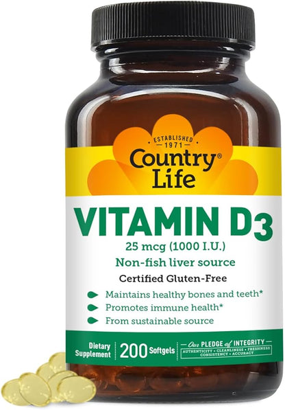 Country Life Vitamin D3 1000 IU Soft Gels, Large, 200 sg, 200 Count
