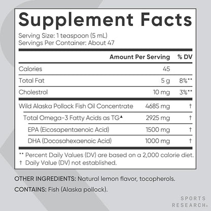 Sports Research® Omega-3 Fish Oil 4685mg - Sourced from Wild Caught Alaska Pollock - Natural Lemon Flavor, MSC Certified Sustainable - 8oz (48 Servings)