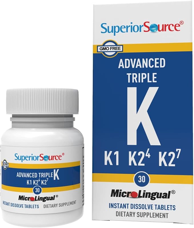 Superior Source Triple K, 3-in-1 Formula, MK-4 500 mcg, MK-7 50 mcg, K1 500 mcg, Quick Dissolve Sublingual Tablets, 30 Count, Healthy Bones and Arteries, Immune & Cardiovascular Support, Non-GMO