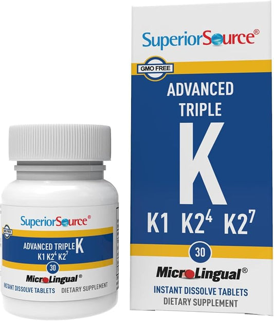 Superior Source Triple K, 3-in-1 Formula, MK-4 500 mcg, MK-7 50 mcg, K1 500 mcg, Quick Dissolve Sublingual Tablets, 30 Count, Healthy Bones and Arteries, Immune & Cardiovascular Support, Non-GMO