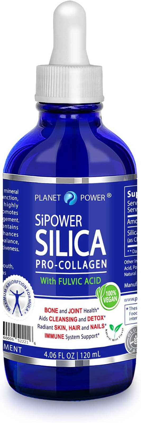 SiPower Silica Vegan Collagen, Supplement Drops - Liquid Orthosilicic Acid (CH-OSA) + Fulvic Acid. Natural Collagen Booster for Joints, Bones, Hair, Skin, Nails, Immune & Digestive Health-4oz