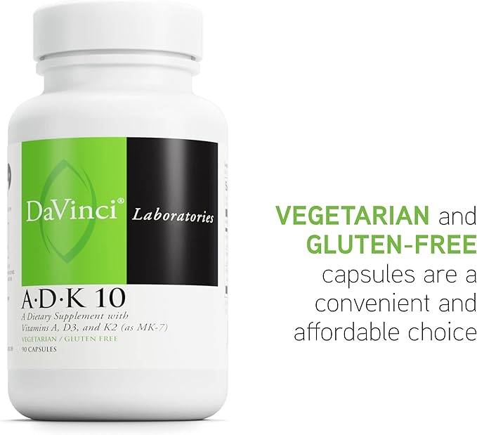 DAVINCI Labs ADK 10 - Helps Support Bone, Heart & Immune Health* - Dietary Supplement with Vitamins A, D3 & K2 (as MK-7) - Vegetarian, Gluten Free & Soy Free - 90 Capsules