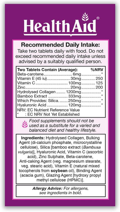 Collagen Complex, Marine Collagen and Hyaluronic Acid, Vitamin C, E, and Zinc, 2 Tablets Daily, Healthaid America