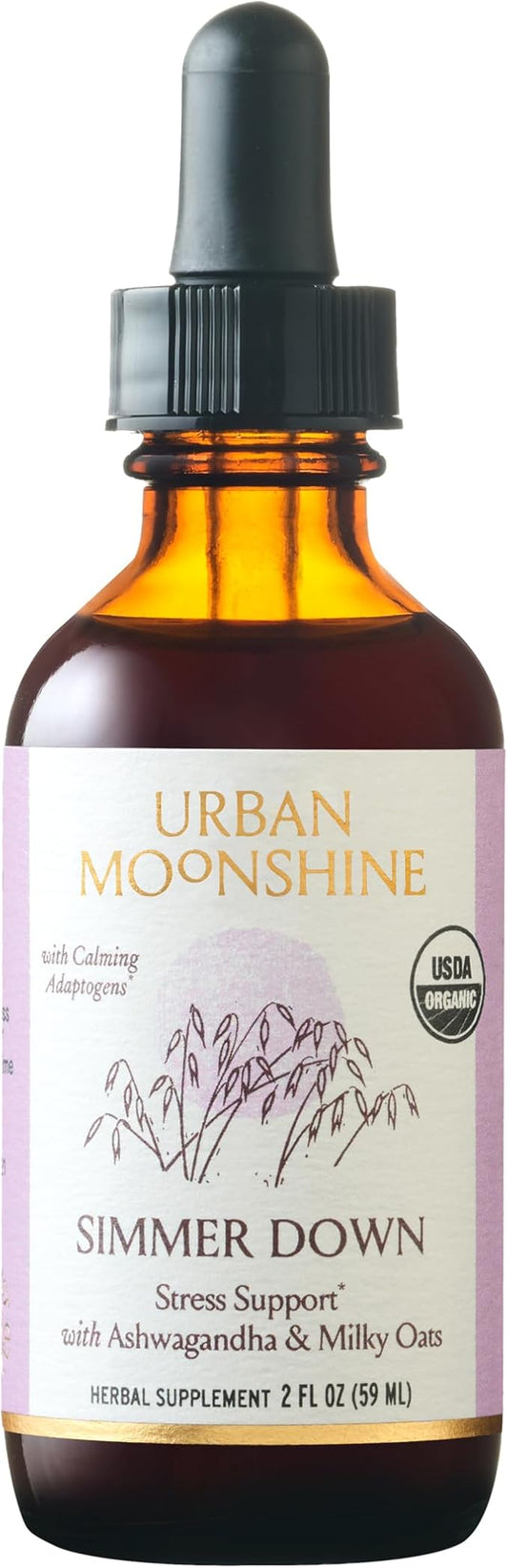Urban Moonshine Simmer Down Tonic - Stress Support* with Ashwagandha & Milky Oats - Soothes Nervousness & Irritability* - Promotes Mellow Mood* - Gluten Free Herbal Supplement - 2 Fl Oz