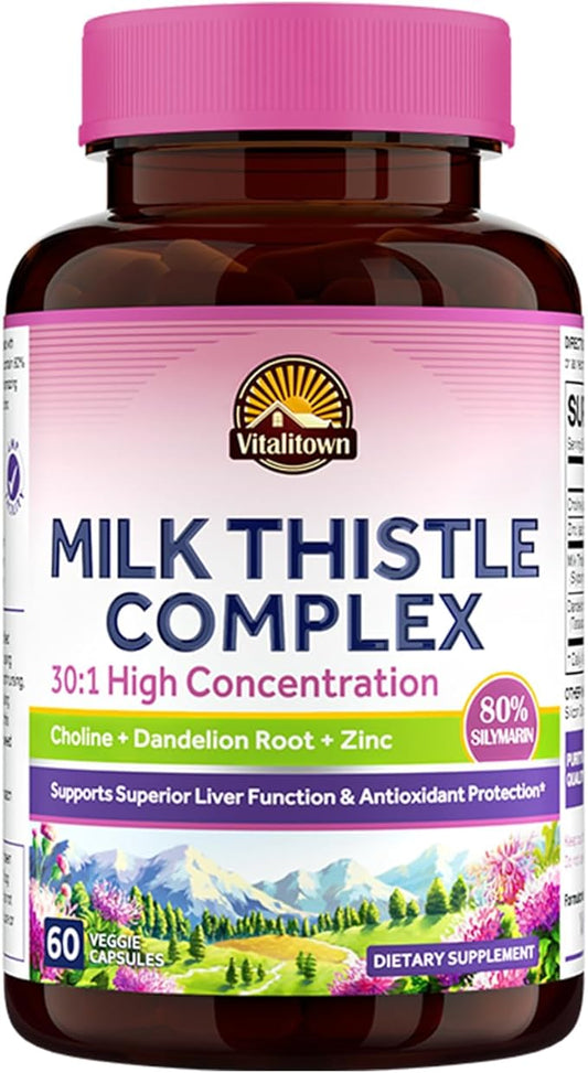 Vitalitown Milk Thistle Complex | 30X Extract & Std. 80% Silymarin | Choline + Dandelion Root + Zinc | Superior Liver & Antioxidant Support | Vegan, Non-GMO, No Dairy | 600 mg | 60 Veggie Caps
