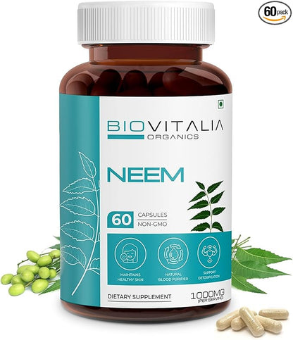 Biovitalia Plant Based Neem 1000mg Capsule for Men & Women | Dietary Supplement | Support Healthy & Promote Detoxification - 60 Vegan Capsules