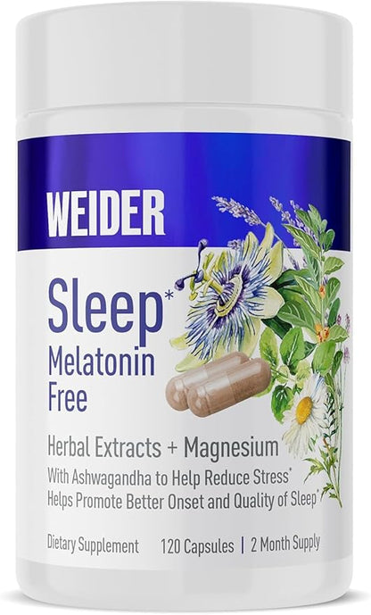 Weider Melatonin Free Sleep Aid Supplement with KSM-66 Ashwagandha, Magnesium, Lavender, Lemon Balm, Chamomile, Valerian and Passionflower Extracts, Hormone & Drug- Free, Non-Habit Forming, 120ct